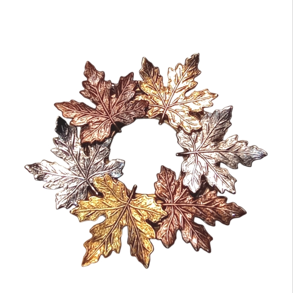 90's Vintage Gold Silver Bronze Fall Leaves Metal Brooch Pin 2"x2"